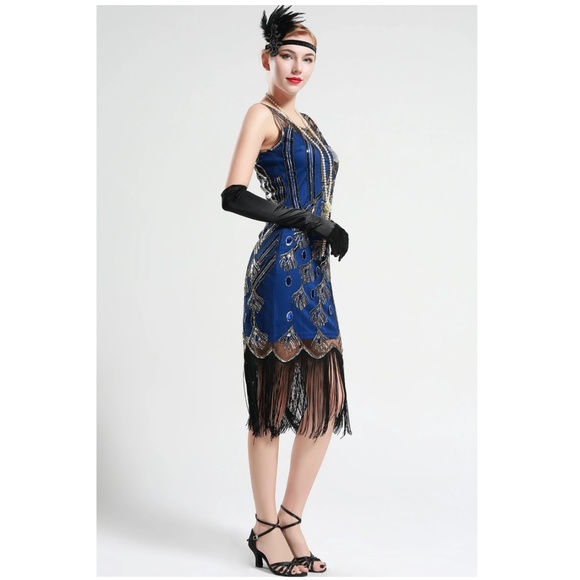 Peacock Sequin Fringed Party Flapper Dress BLUE - Picture 2 of 7